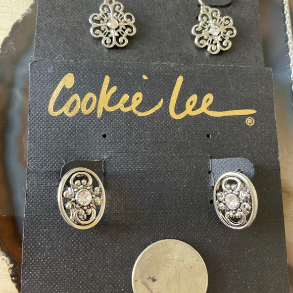Cookie Lee CZ flower necklace silver crystal filigree earrings lot 4 - Picture 3 of 6